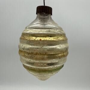 Vintage Shiny Brite Ornament Ripped Tornado Drop Gold Green Stripe 2.5"
